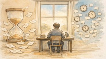 大きな砂時計と小さな時計に囲まれた机で、スキマ時間 執筆と深い集中を対比して描いたイラスト