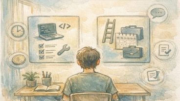 AI オンライン講座 比較の軸を整理し学習目的や条件を静かに見直すイラスト