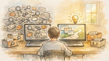 机で古いSEO 知識 古いを整理し直す人、混乱した画面と整理された画面の対比
