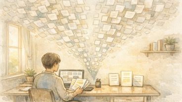 AI 論文 読み方 コツを踏まえ、多数の情報から読むべき論文を絞り込む様子を示すイラスト