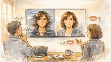 HeyGen AI ビデオ翻訳 評判を検討する二人の大人、原文と自然な翻訳映像を比較するシーン