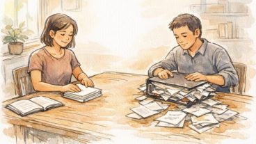 散らかった資料を整理し、記事作成 マニュアル 作り方の役割を見直す様子