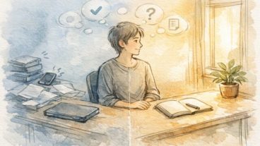 外側の雑音と内面の整理を切り分ける人を描いた、ライティング モチベーションのイメージ