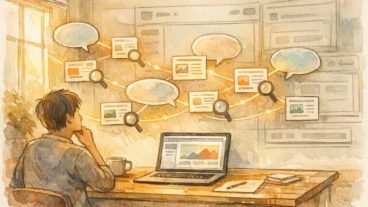 WP 検索クエリを計測する方法を象徴する、検索ユーザーとWPページのつながり図解