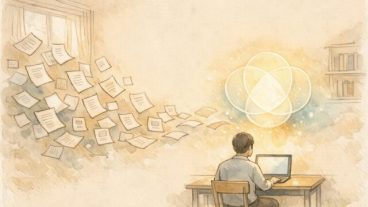 Consensus AI 論文検索で散らかった情報が統合され、穏やかな理解へ導かれる様子