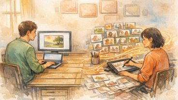スタジオで並ぶ二人の制作者、Krea AI リアルタイム画像生成と静的生成の対比を描くイラスト