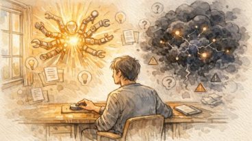 落ち着いたデスクでAIのリスクと利点を見比べる人, AIリテラシーの鍛え方を象徴