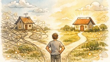 独自ドメイン 取得を検討する人が、不安定な家と安定した家を比較し役割を考えるイラスト