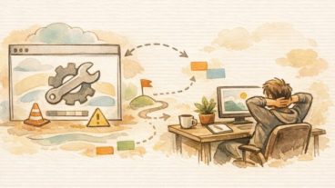 WordPress メンテナンス画面 デザインのコンセプトを示す、穏やかな作業中イラスト