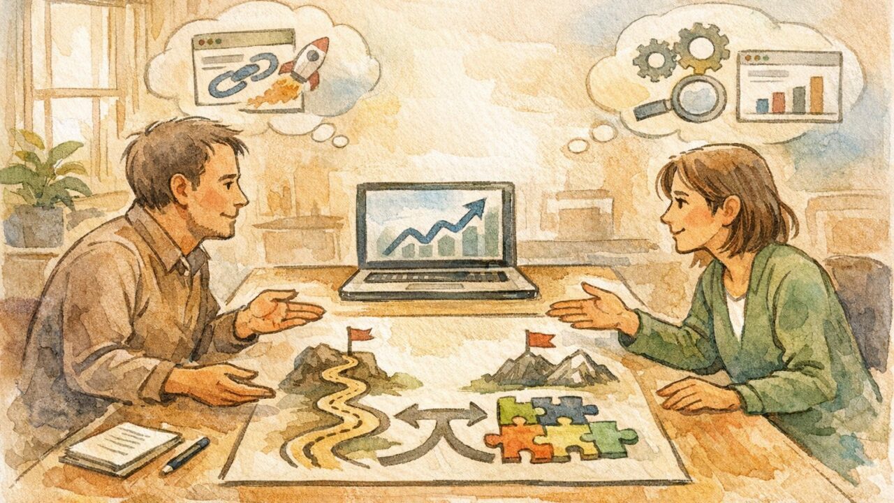 温かなオフィスで相談する二人の大人、期待と現実を整理しつつSEO コンサル 選び方を比較