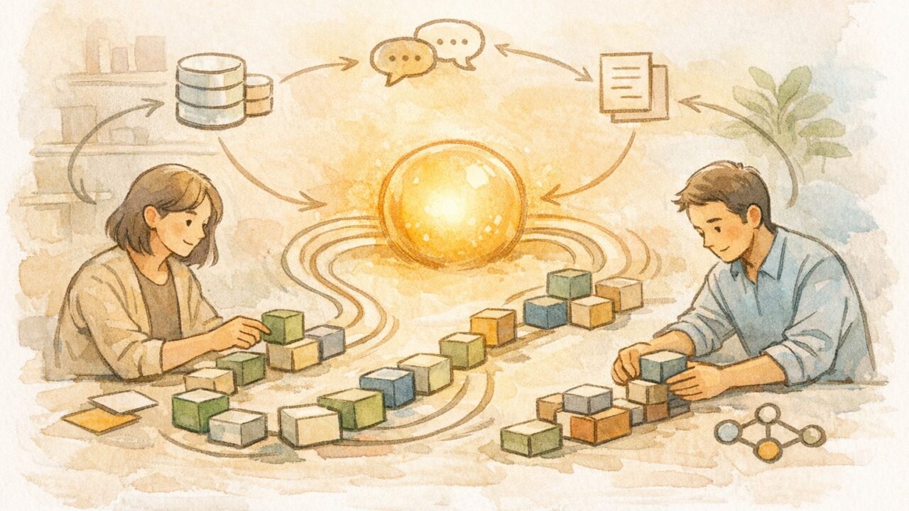 LangChain 基礎 わかりやすく、LLMを中心にモジュールやデータベースがつながる概念図