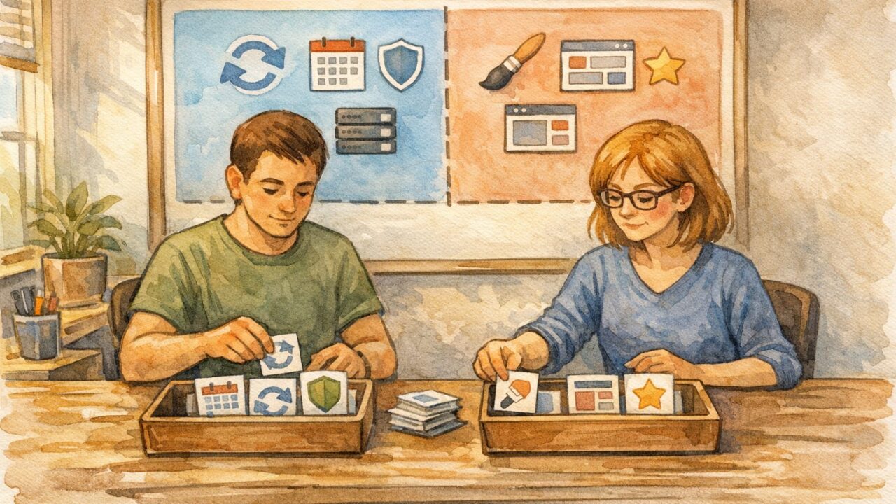 WP 運用保守 外注 料金を整理し定常作業と追加作業を切り分けるイメージ図