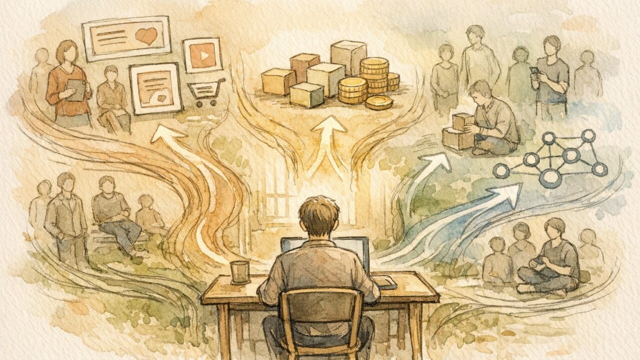 WordPress ブログ 収益化 仕組みを象徴する3つの収入源が筆記風イラストで分岐して集約される様子