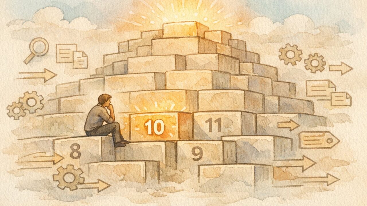検索順位 10位から上がらない記事が似通った要素で並ぶ検索結果一覧のイラスト