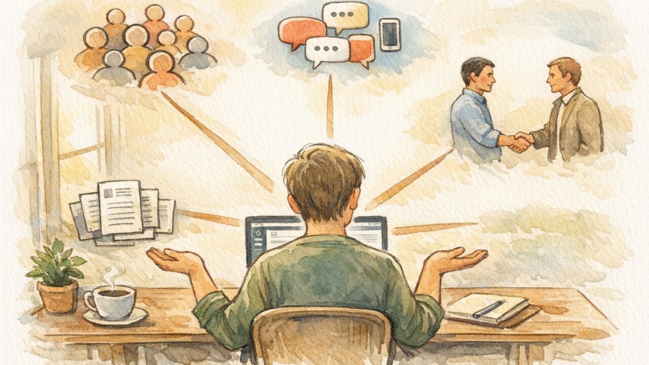 WordPress ライター 募集方法を比較検討する人が静かなデスクで選択肢を俯瞰するイラスト