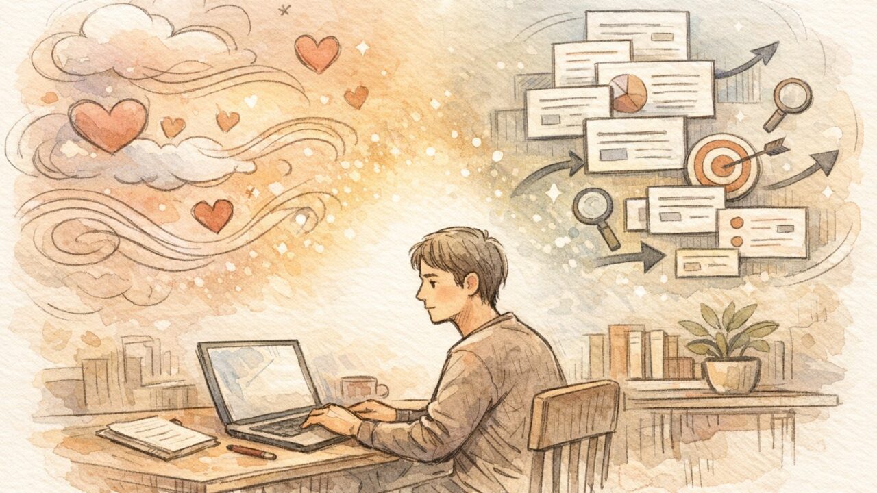 エモい文章 SEOのバランスを考える執筆者の葛藤と調和を描いたワークスペースイラスト