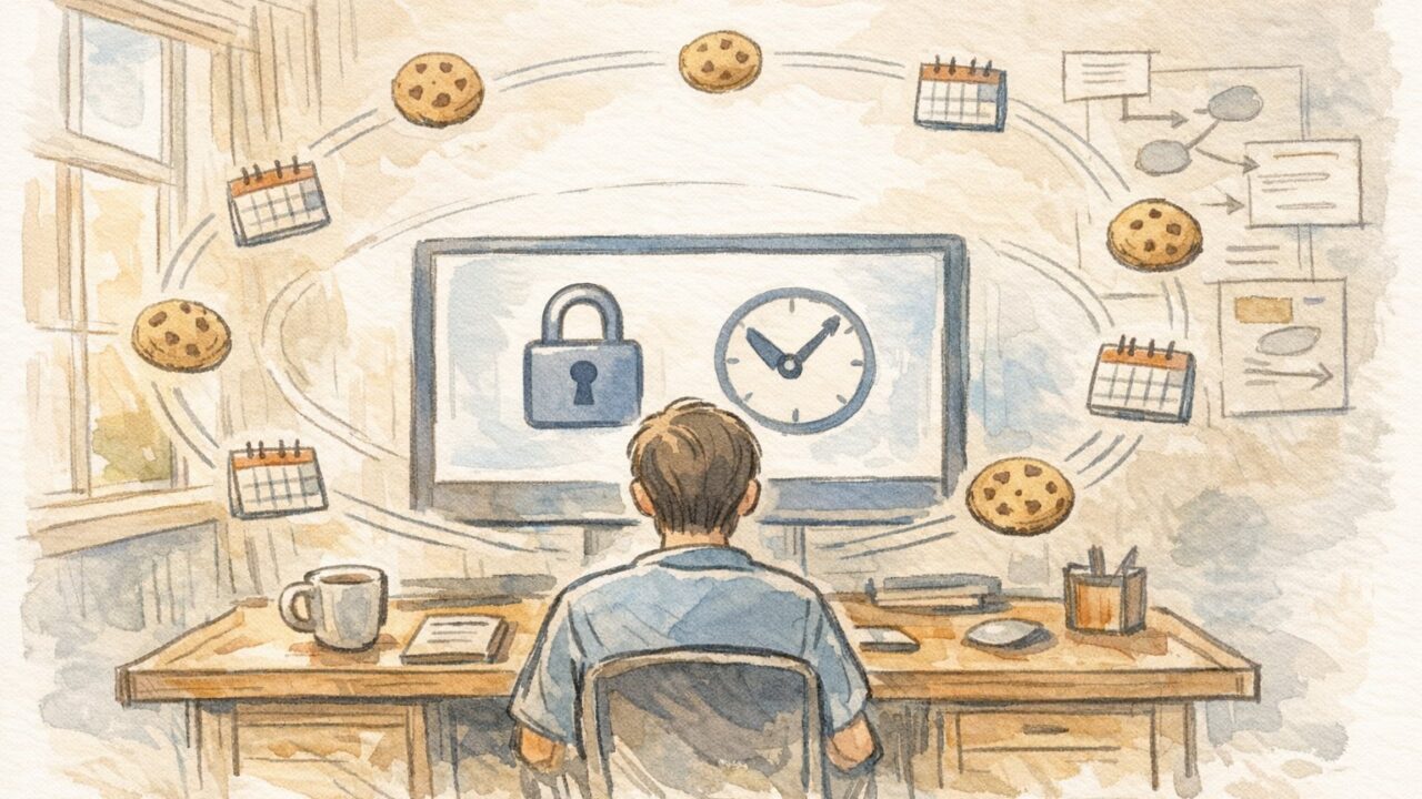 WordPress ログイン有効期限 延ばすための仕様とセキュリティバランスを整理する作業机のイラスト