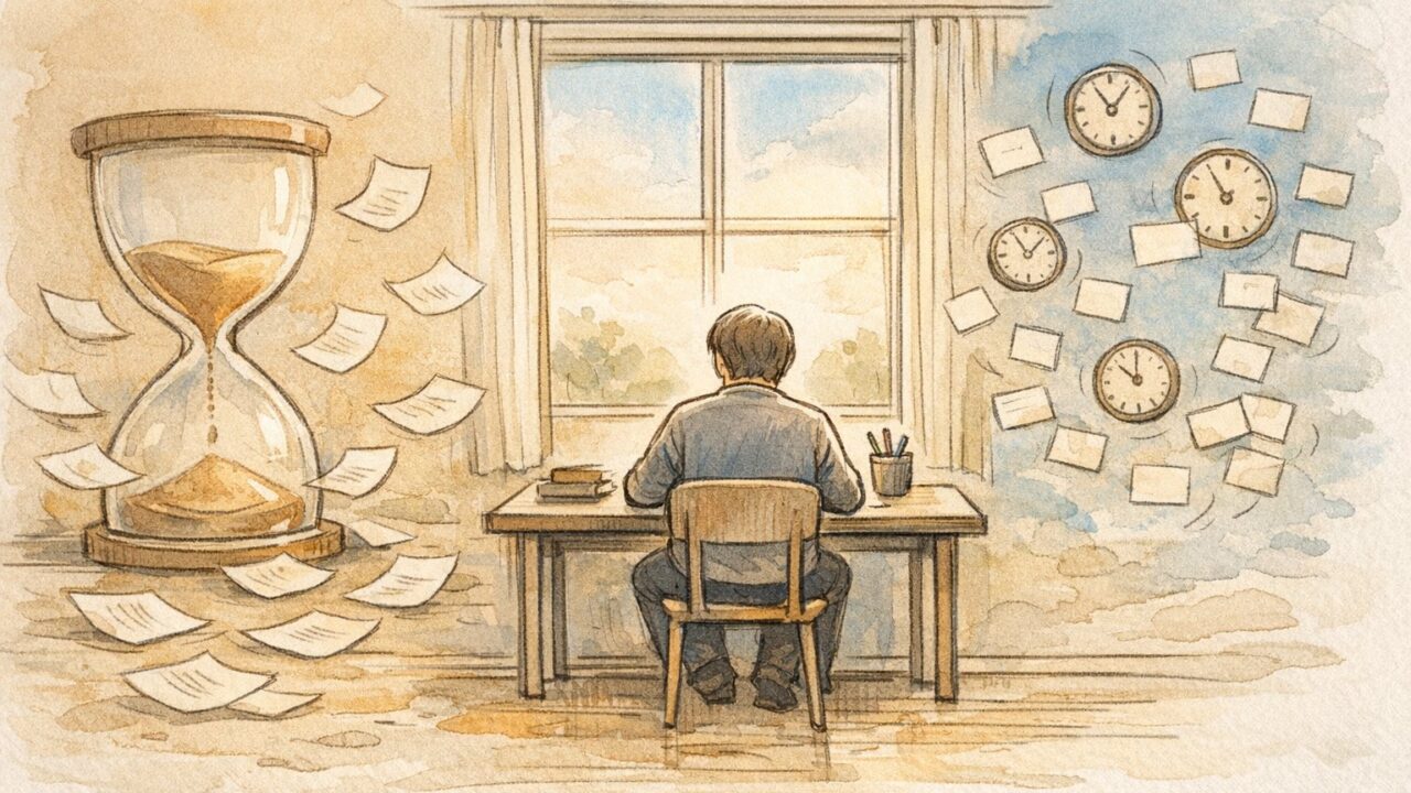 大きな砂時計と小さな時計に囲まれた机で、スキマ時間 執筆と深い集中を対比して描いたイラスト