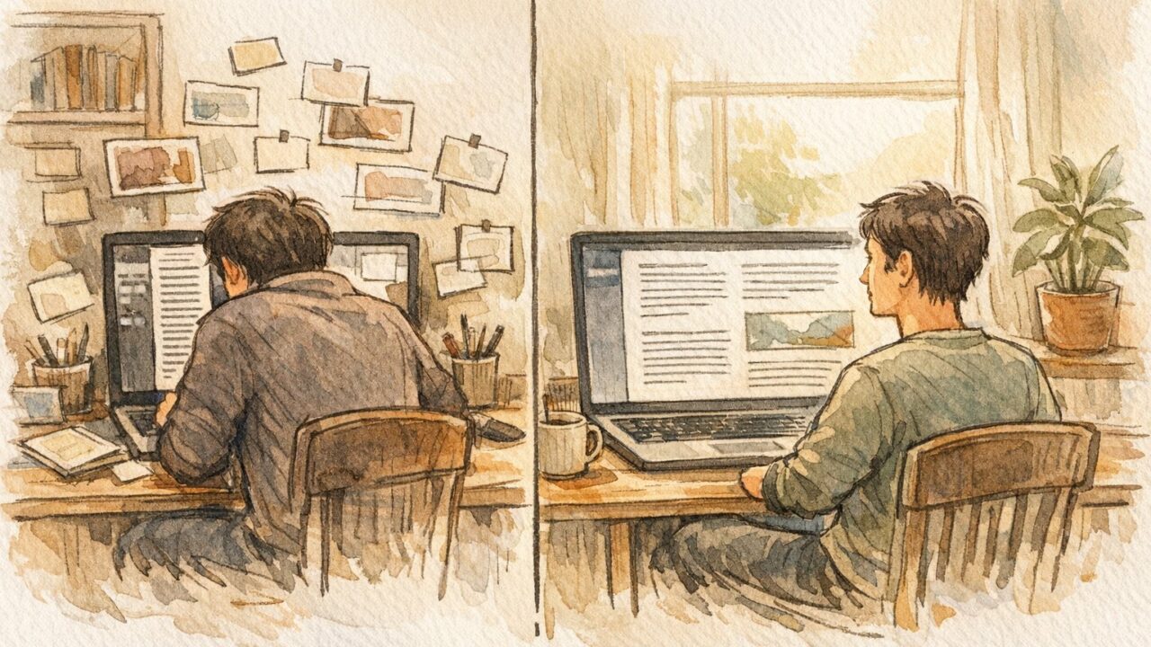 WordPress 投稿画面の幅 広げる前後を対比し、狭いエディタと広いエディタで執筆のしやすさが変化する様子