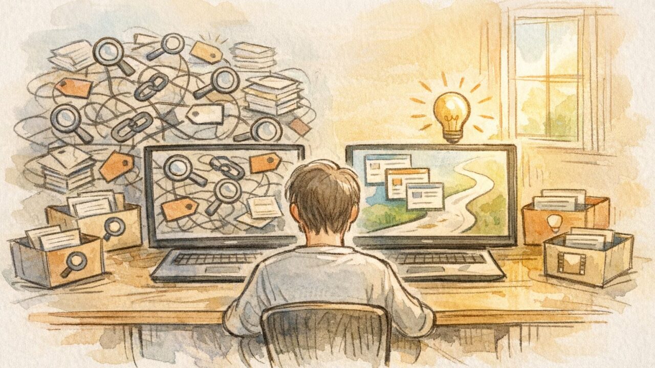 机で古いSEO 知識 古いを整理し直す人、混乱した画面と整理された画面の対比