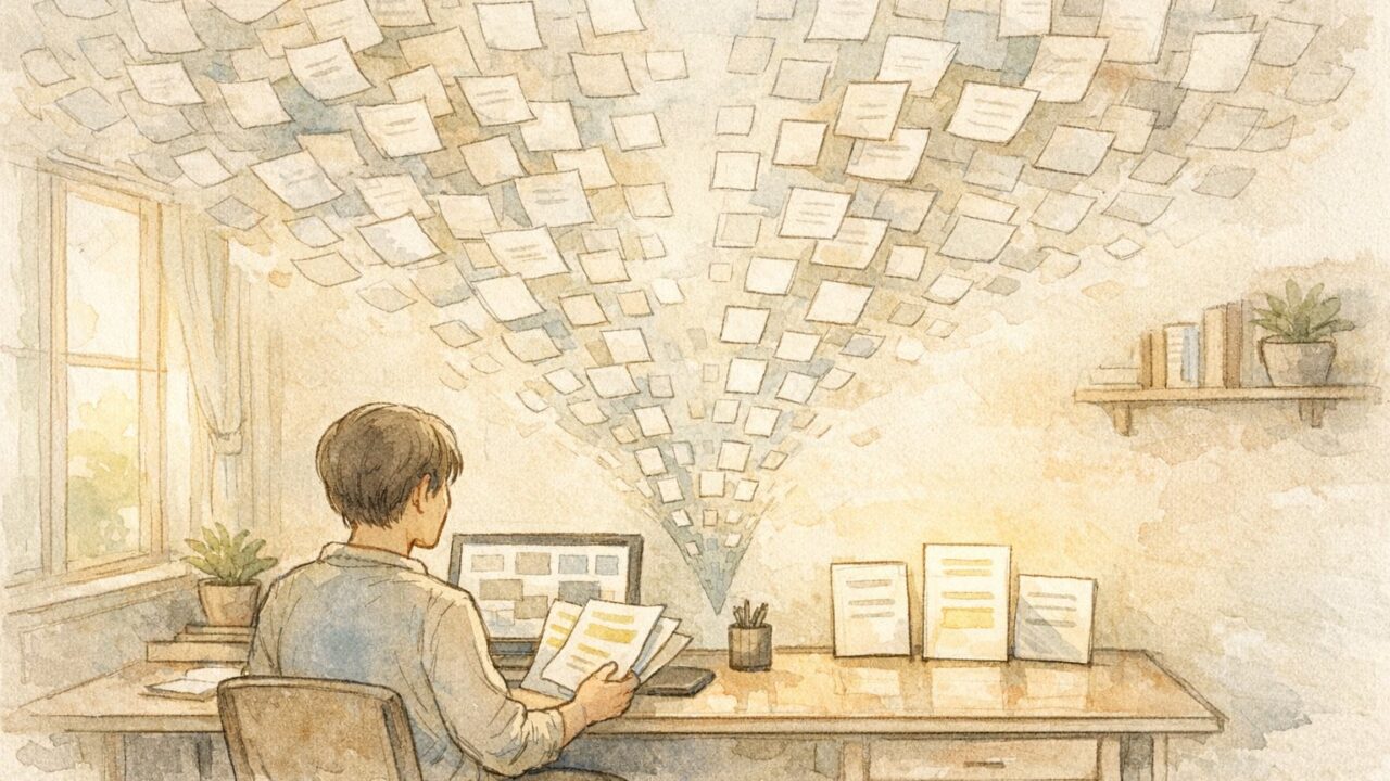 AI 論文 読み方 コツを踏まえ、多数の情報から読むべき論文を絞り込む様子を示すイラスト