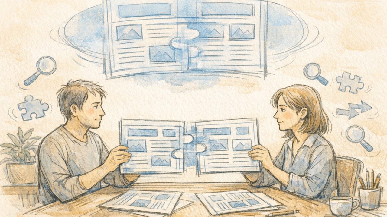 外部ライター 記事 修正でずれる期待値を示す、青写真を照合する大人の打ち合わせイラスト