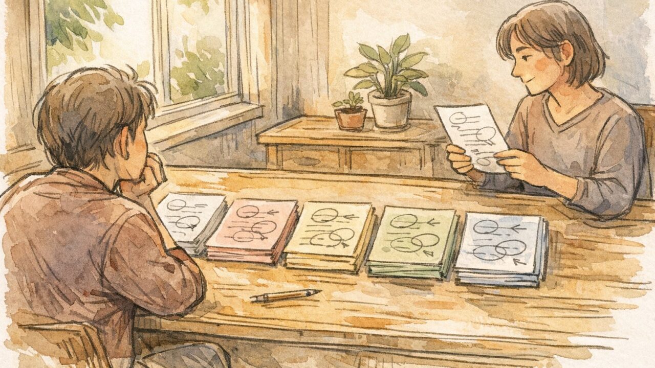 校正 指示 出し方を整理し、色分けした原稿の修正内容を共有する様子