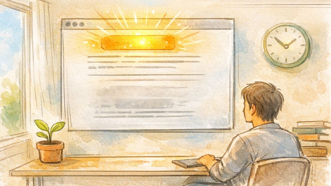 WP 記事の「最終更新日」だけ表示を象徴するブログ画面と落ち着いた作業スペース