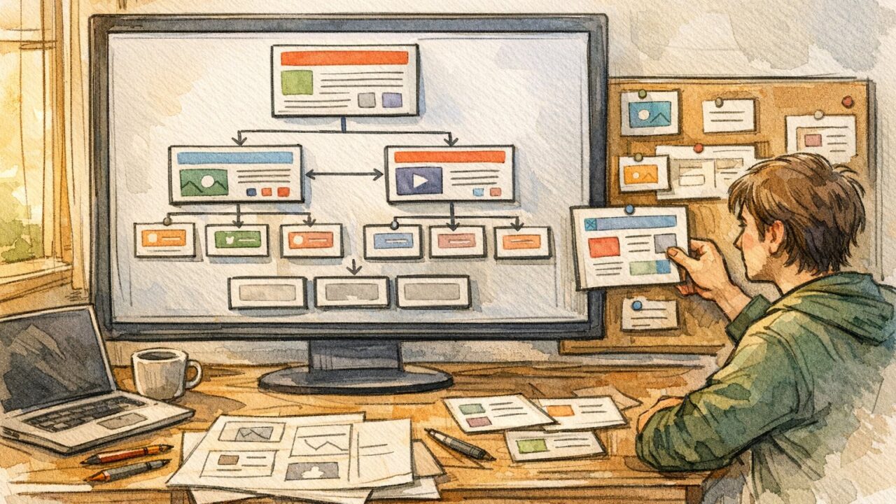WordPress 投稿タイプごとにテンプレート変更を整理する机上作業と階層構造イメージ