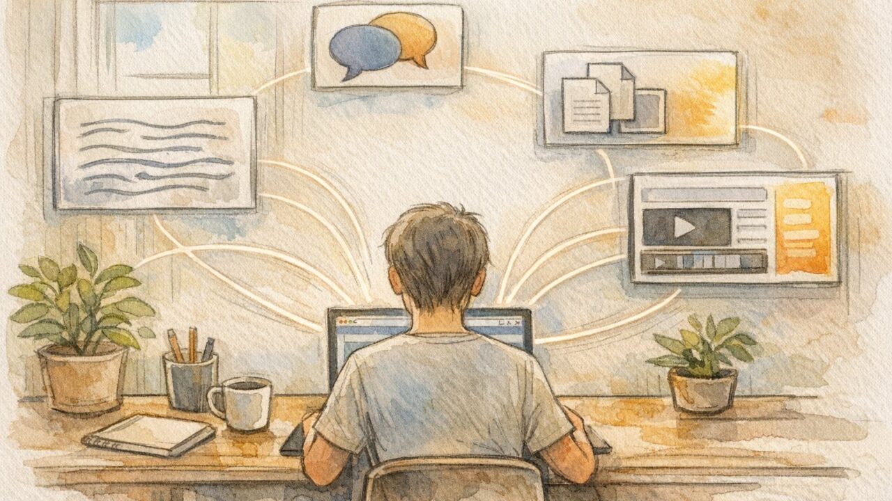 Monica AI 拡張機能 使い方のイメージ、PC作業画面と各種AI補助機能が浮かぶ整理されたワークスペース