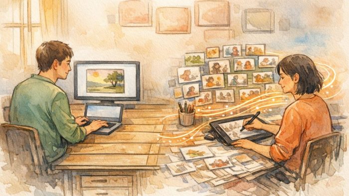 スタジオで並ぶ二人の制作者、Krea AI リアルタイム画像生成と静的生成の対比を描くイラスト