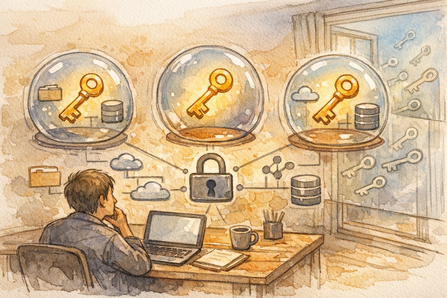 API キー 使い方 安全な管理を象徴する開発・テスト・本番環境の落ち着いたワークスペースイラスト