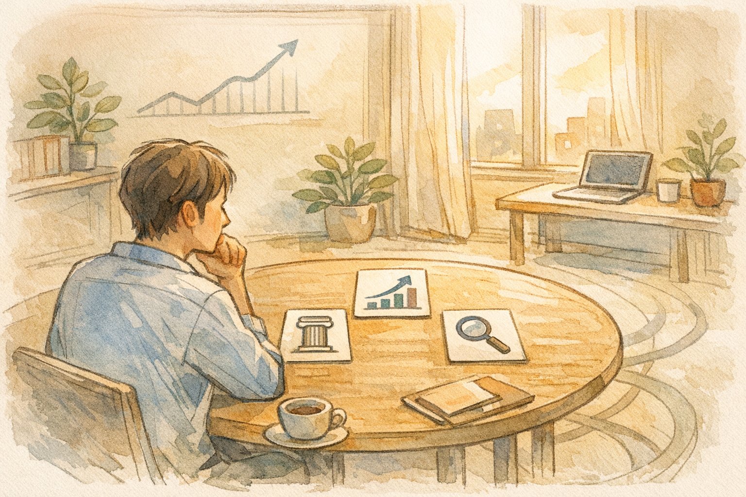 SEO コンサル 選び方を考える人が、料金と契約形態の三つの選択肢を比較するイラスト