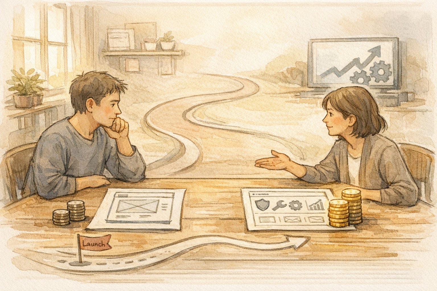 短期コストと長期運用価値を比較し話し合う二人、WordPress 制作会社 費用相場