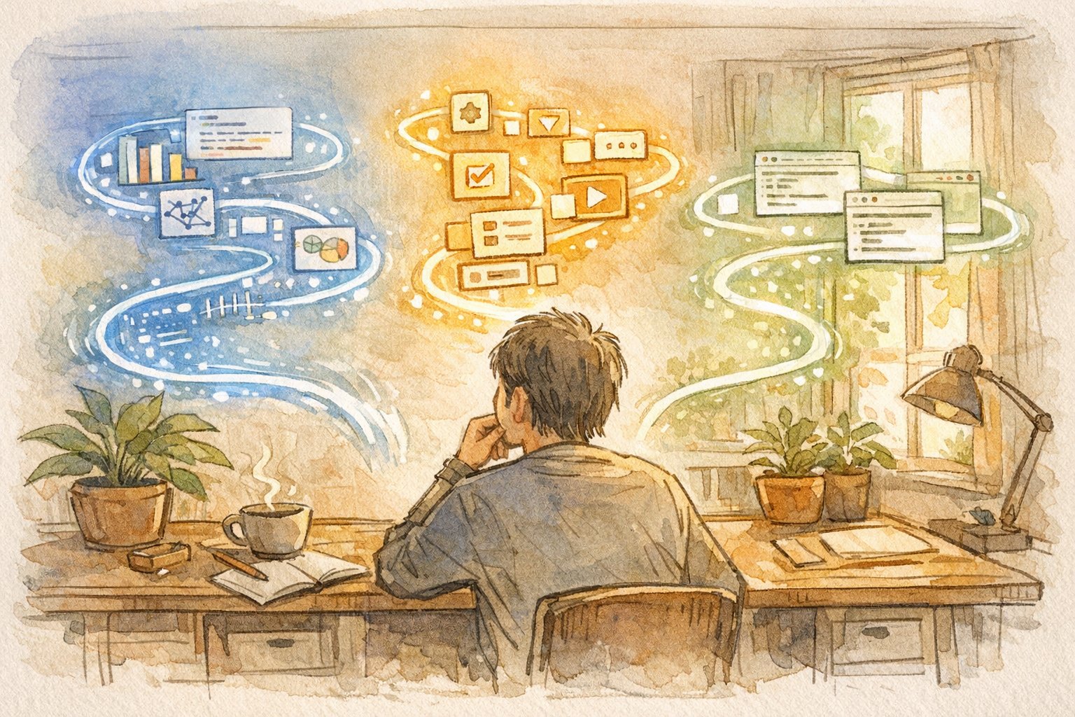 Python で ChatGPT 動かす選択肢を比較する静かなデスクワークスペースイラスト