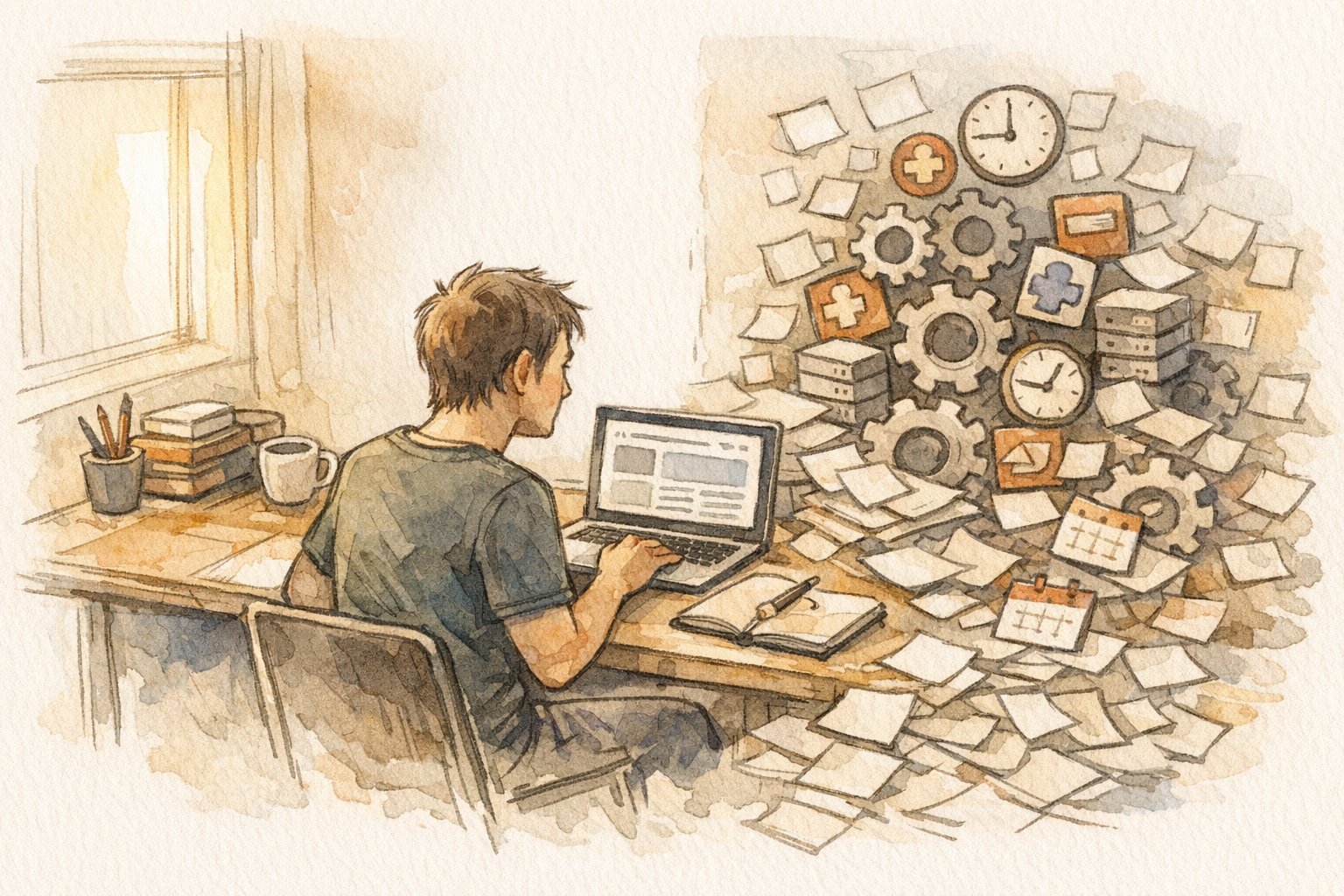 WordPress 個人開発 限界を象徴する机に向かう制作者と増え続ける作業アイコン