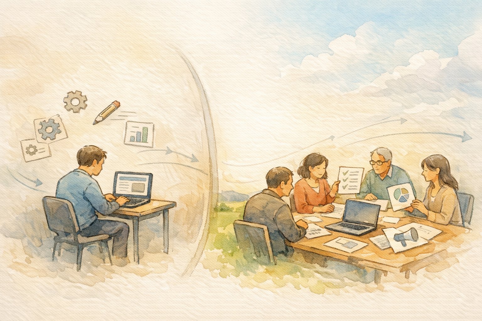 WordPress 個人開発 限界を象徴する、一人作業とチーム開発の対比イラスト