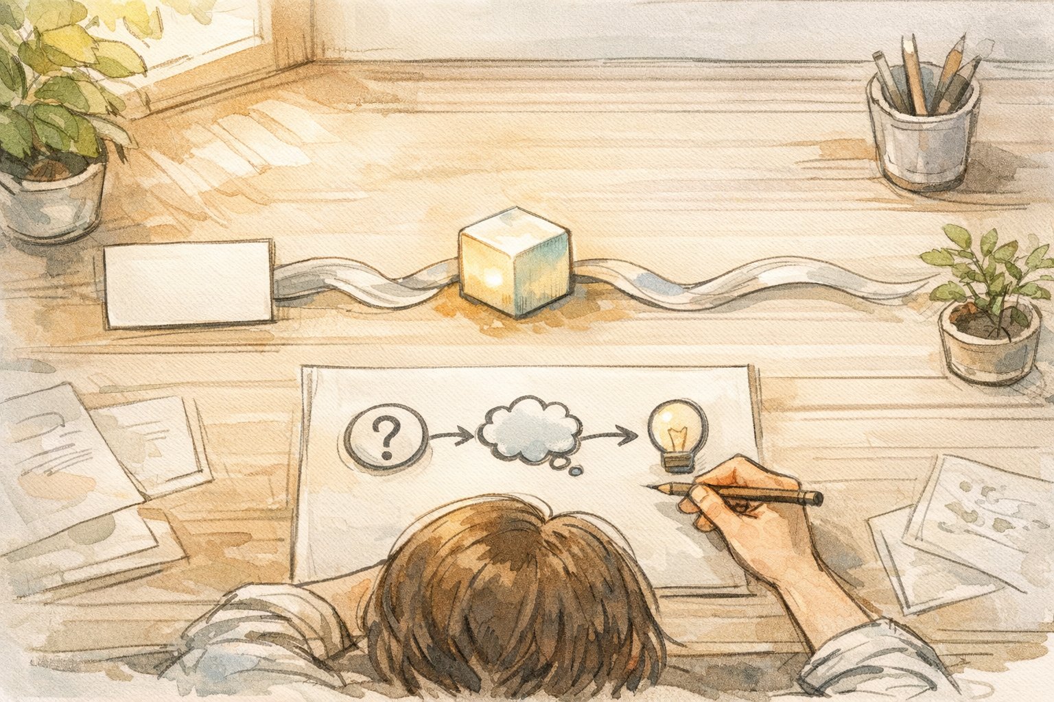 落ち着いたワークスペースでLangChain 基礎 わかりやすくを象徴する最小構成フロー図