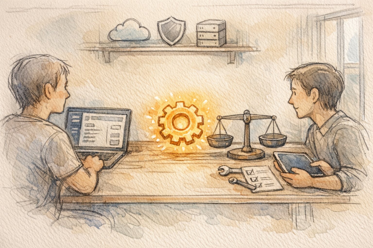 社内対応と外注のバランスを象徴するイラストでWP 運用保守 外注 料金のイメージを表現
