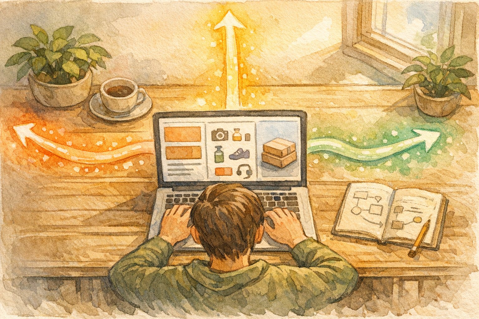 WordPress ブログ 収益化 仕組みを俯瞰し、広告とアフィリエイトと自社商品の収入経路を整理したデスク周りの俯瞰イラスト