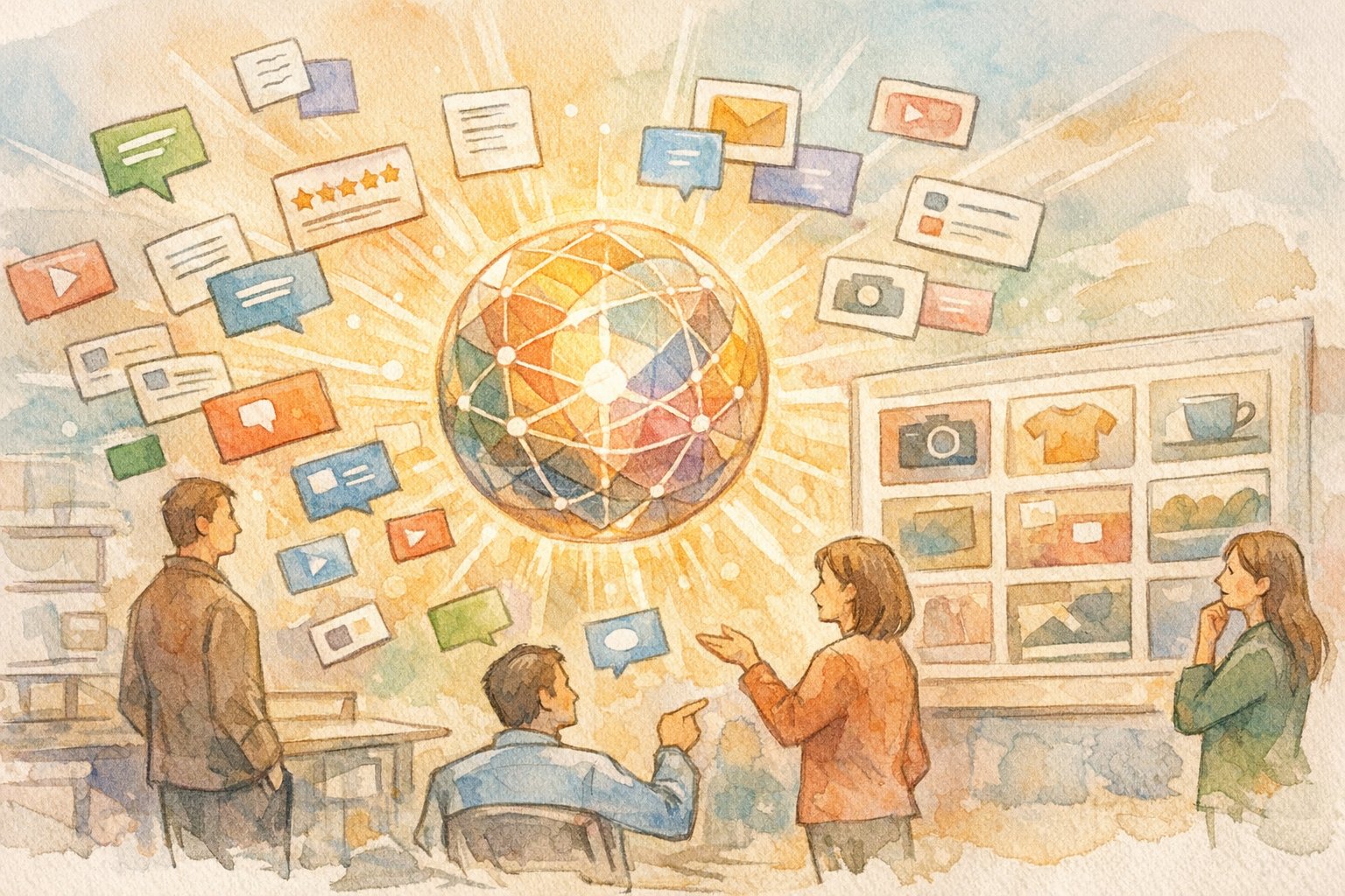 ベクトルデータベース とは散在する顧客データを意味で結び、最適な商品レコメンドを導く様子