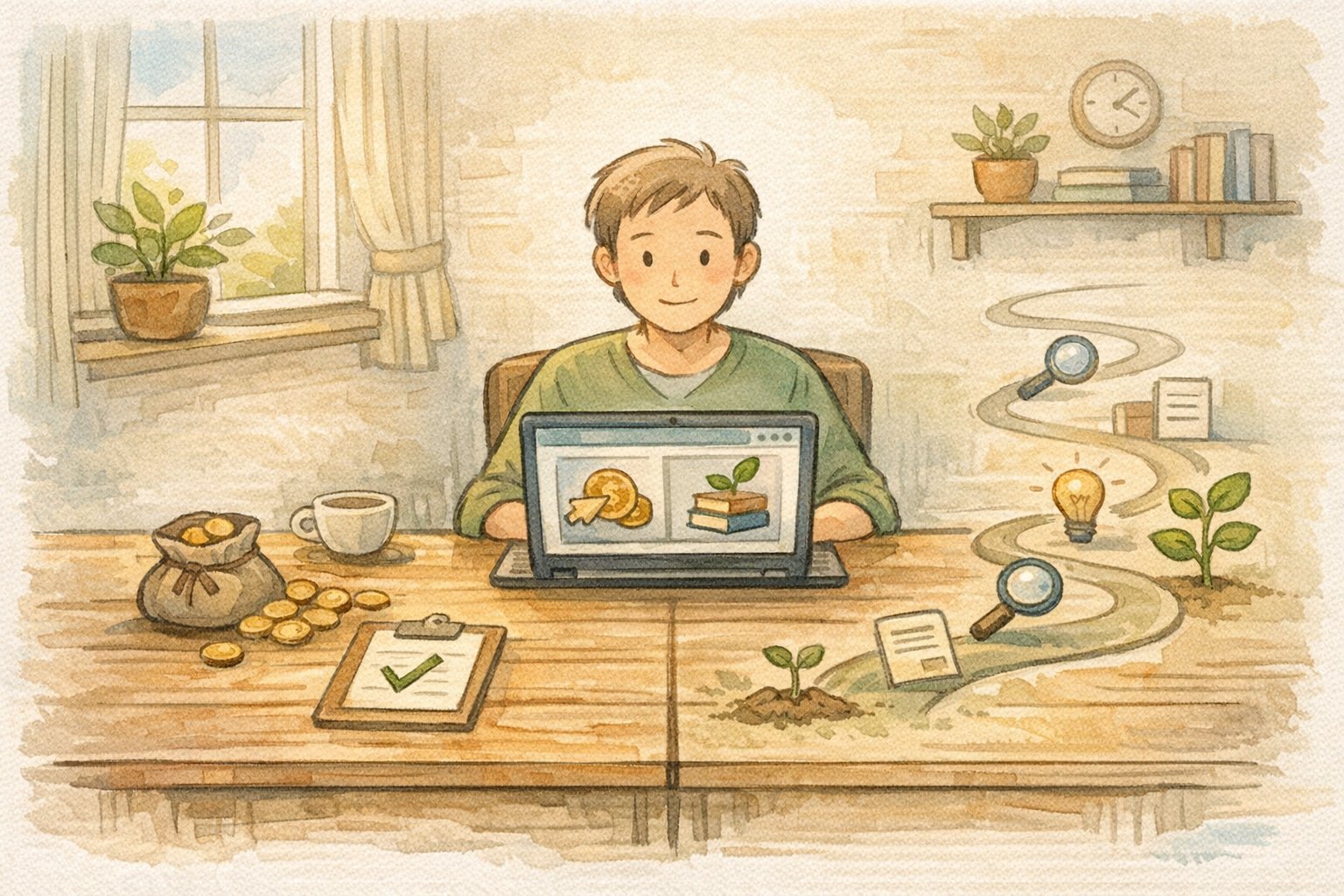 WP セルフバック やり方における即時報酬と長期的な学びのバランスを示すイラスト