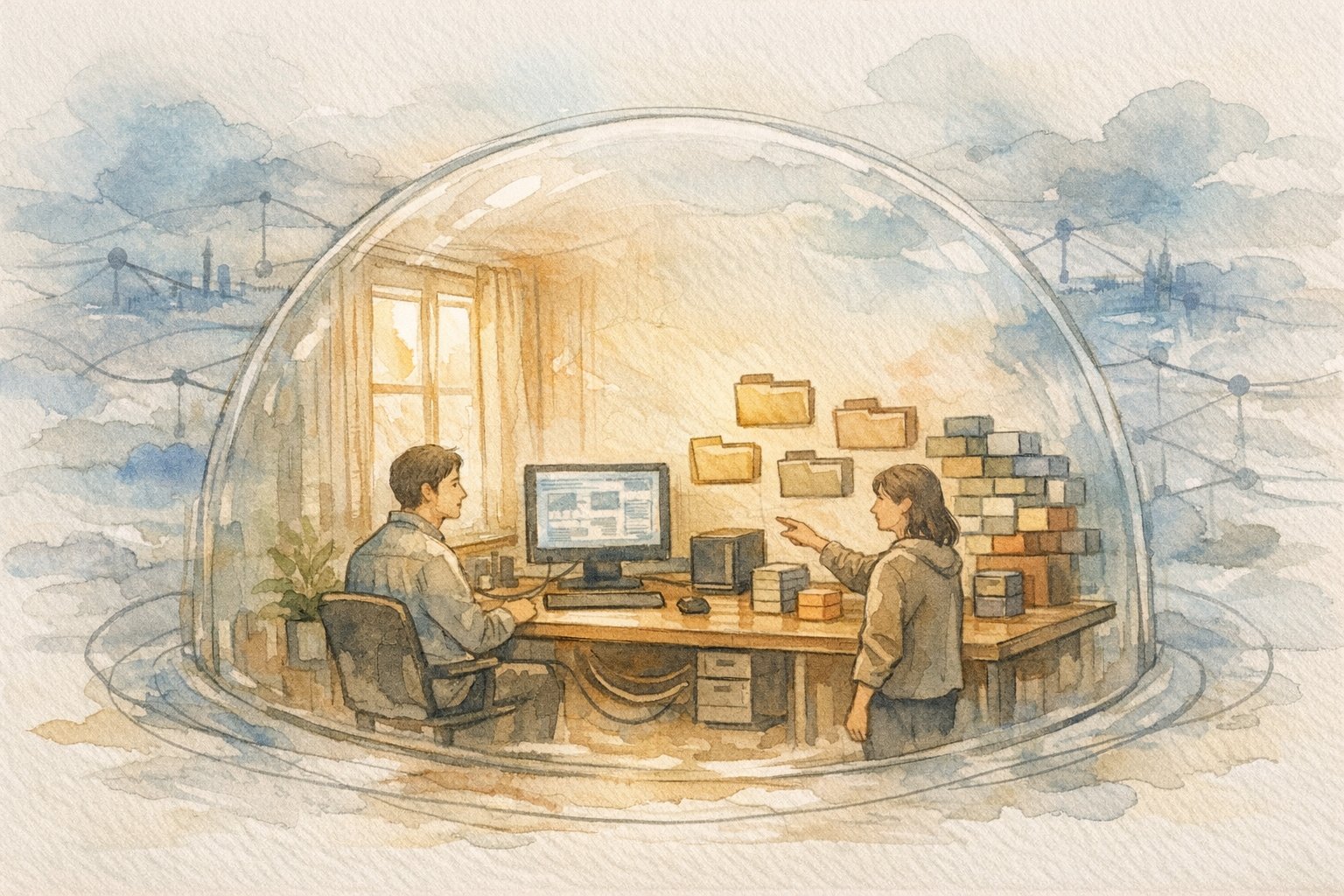 ローカル環境 AI 実行 方法で守られたワークスペースと外部ネットワークを対比した手描きイラスト
