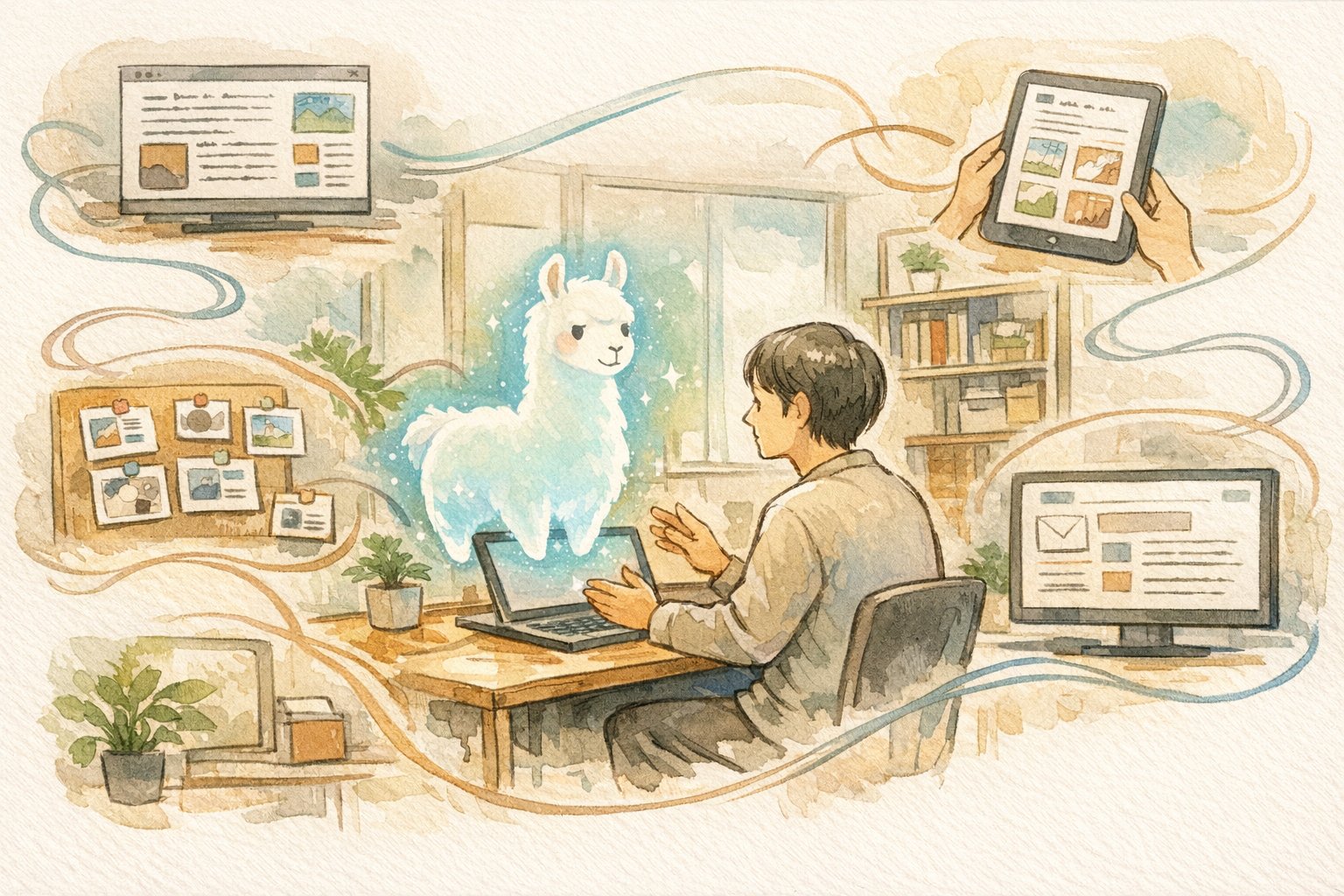 Llama 3 日本語化 使い方を示す日本のオフィスでのAI活用、ブログやSNS投稿を協働作業する様子