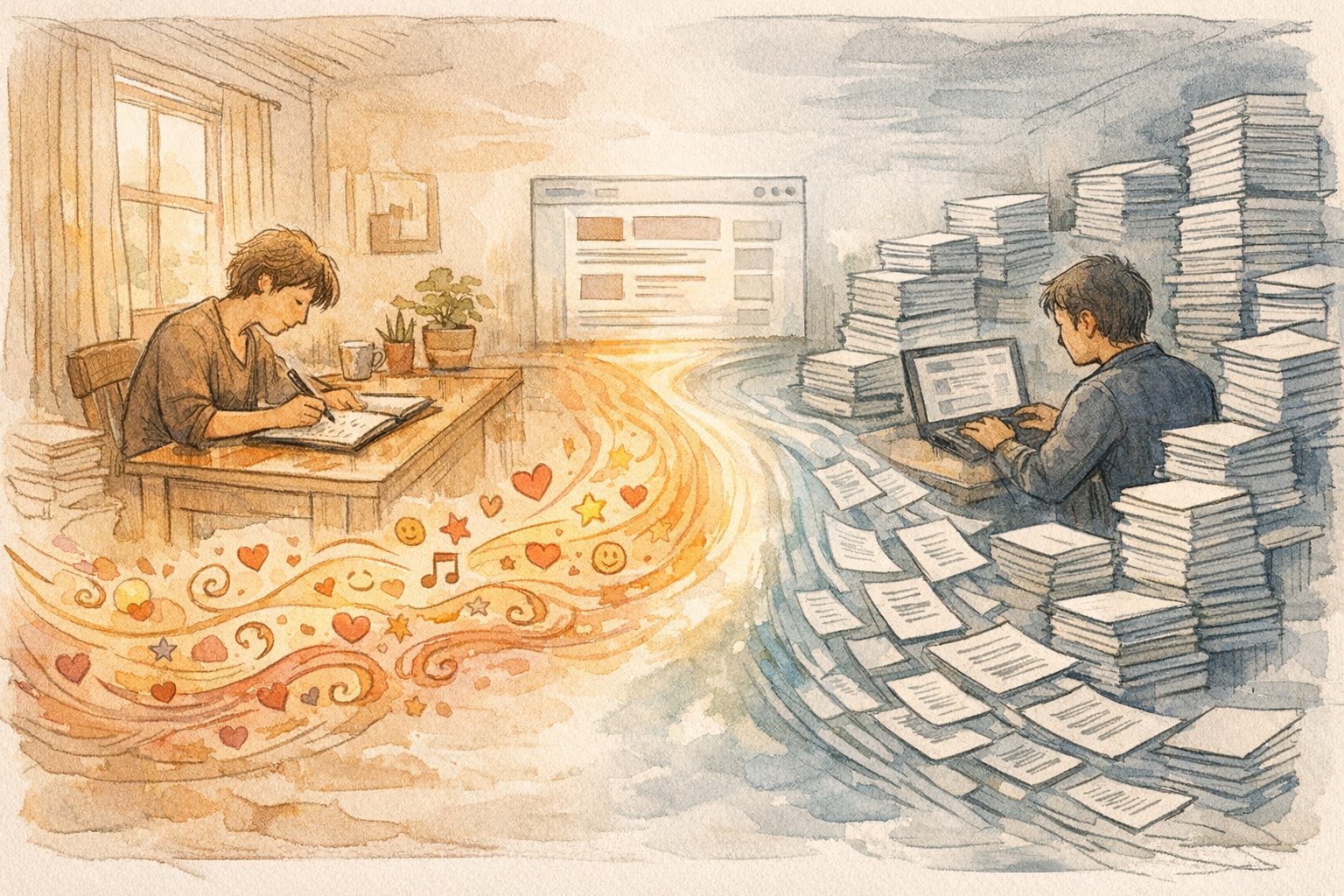 手書きとAI文章が交差するワークスペース、エモい文章 SEOのバランスを象徴する構図