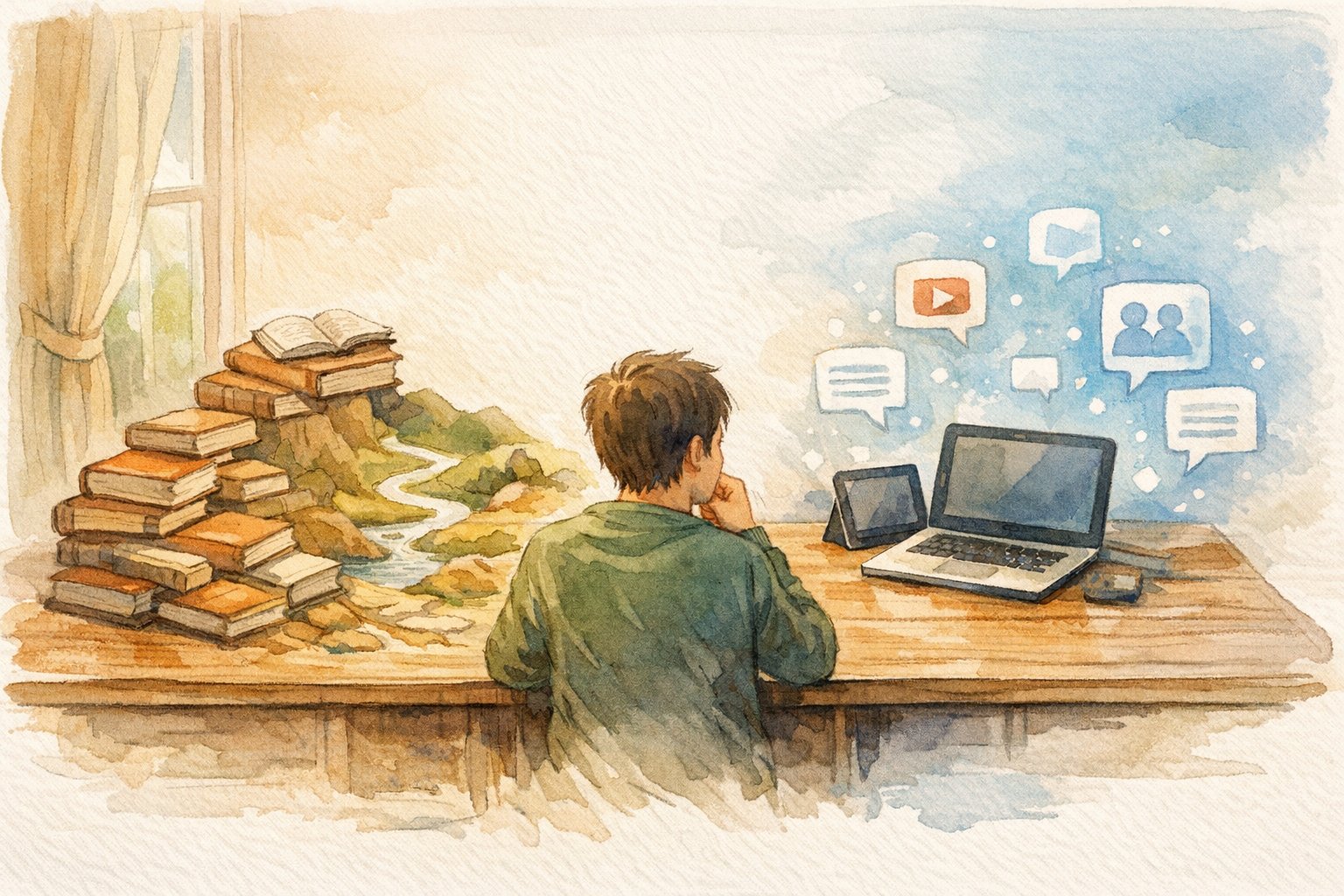 生成AI 勉強 おすすめ本とオンライン情報を組み合わせて学ぶ様子を描いたイラスト