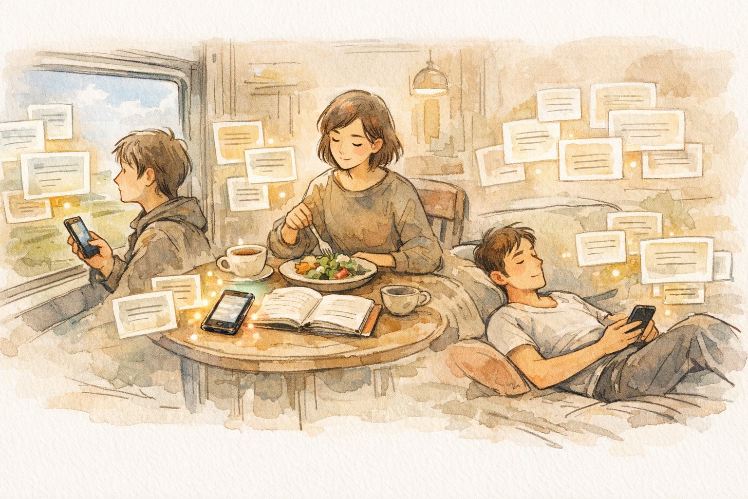 スマホ 読者 集中力を象徴するながら読みの様子、断片的な視線が穏やかに文章へつながるシーン