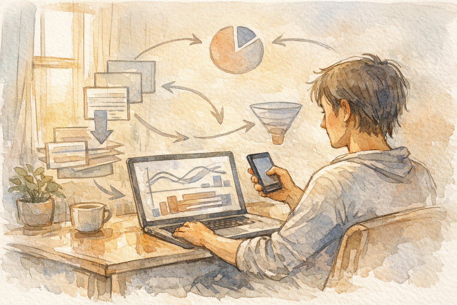 スマホ 読者 集中力を分析する大人が机でデータを確認する様子
