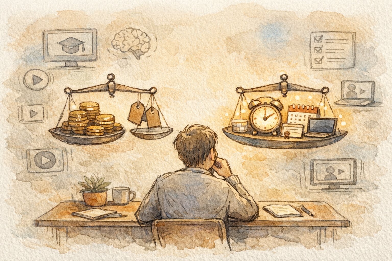 AI オンライン講座 比較で価格と時間コストのバランスを考える様子