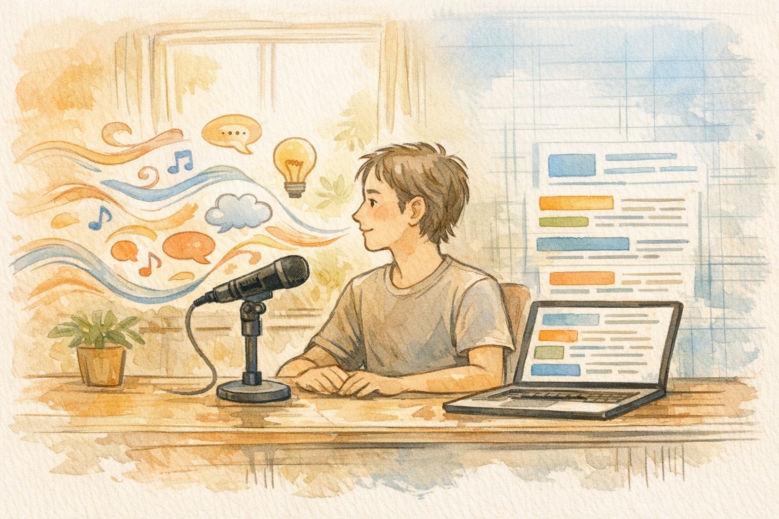 音声入力 記事作成で話した内容が構造化されテキストになる様子を示すイラスト